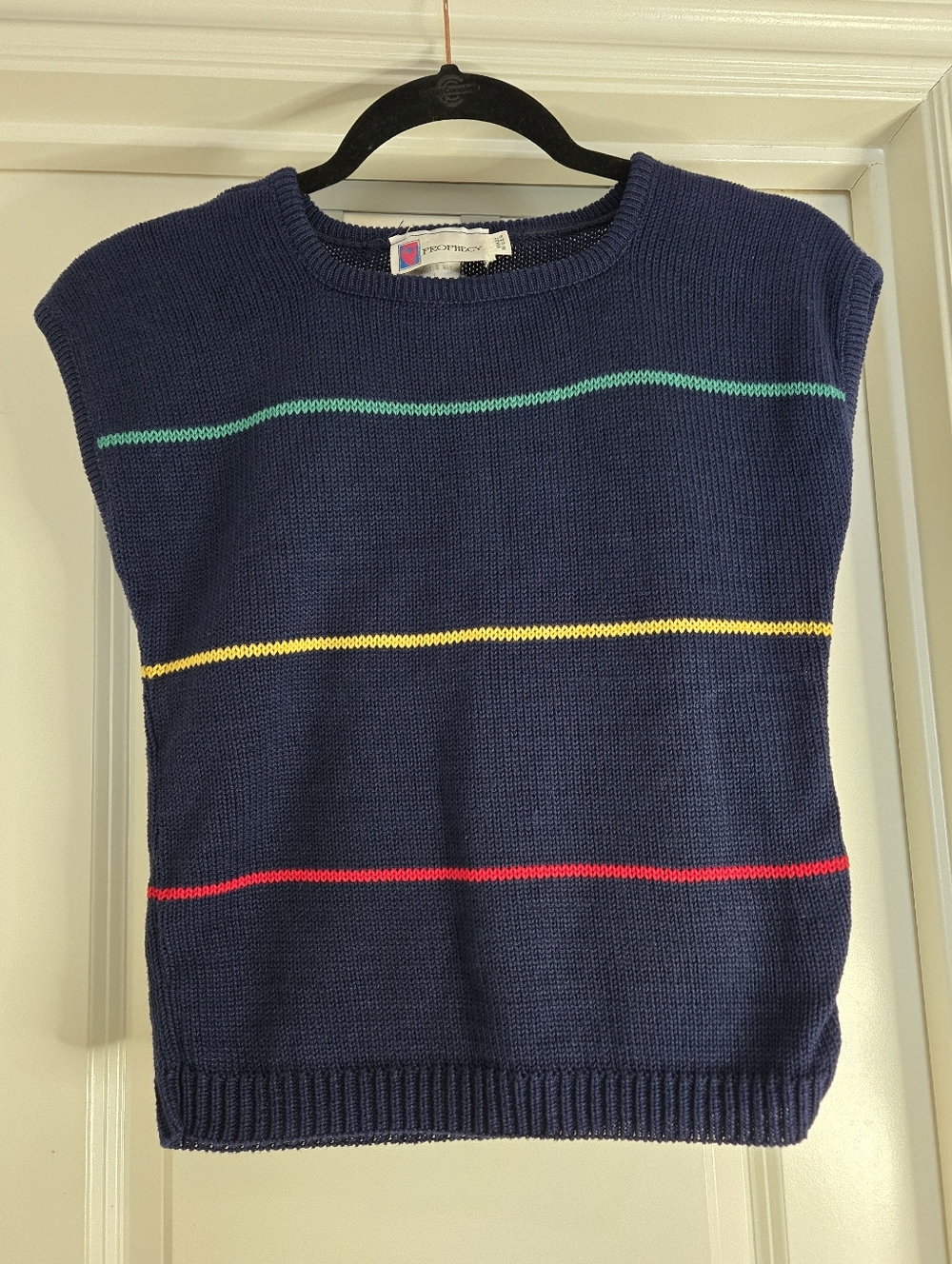 Prophecy Vintage Women's Navy Knit Cotton Vest with Multicolor Stripes, Size M